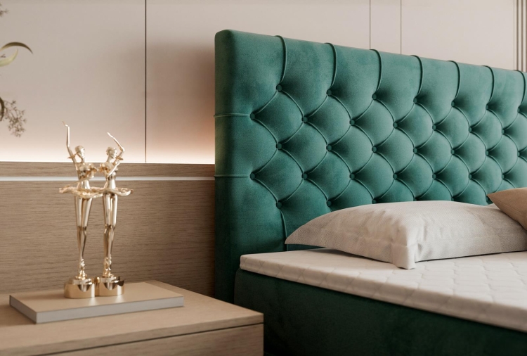 Łóżko z pikowanym zagłówkiem MIAMI ZIELONE Z TOPPEREM