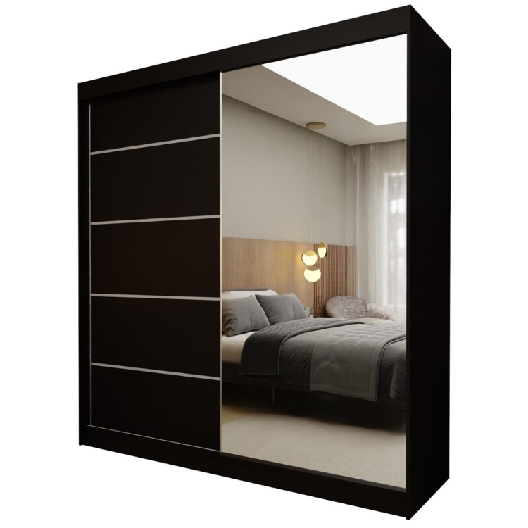 Czarna szafa do sypialni przesuwna z lustrem VIVIN