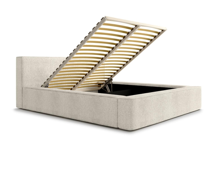 Beżowe łóżko tapicerowane w stylu japandi MAROK (