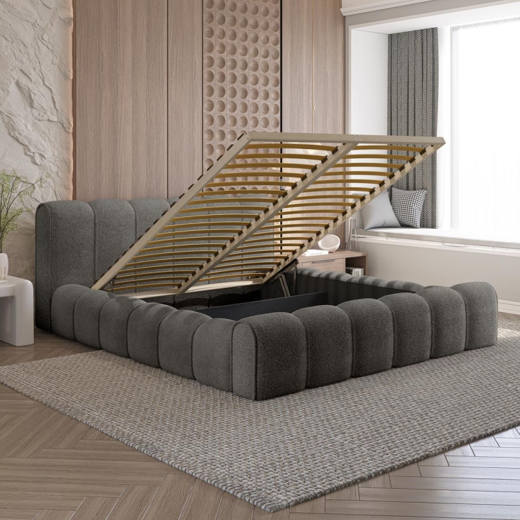 KModne łóżko do sypialni tapicerowane tkaniną boucle ARUBS