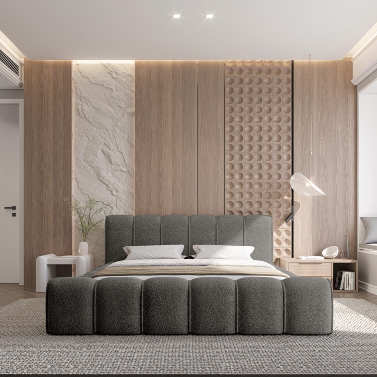 Modne łóżko do sypialni tapicerowane tkaniną boucle ARUBS