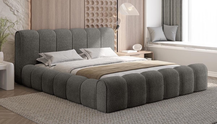 Modne łóżko do sypialni tapicerowane tkaniną boucle ARUBS