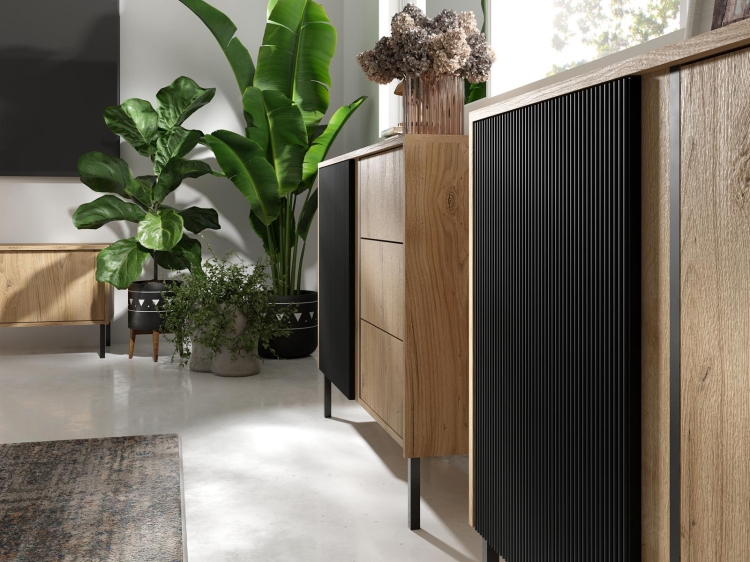 Nowoczesna komoda z szufladami pojemna DĄB/CZARNY MOES (