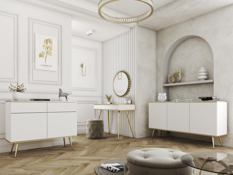 Biała komoda w stylu glamour ze złotymi nóżkami POLO