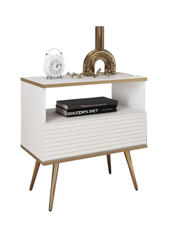 Biała szafka nocna na złotych nogach z modnym ryflowaniem POLO
