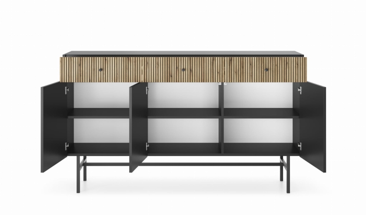 Czarna trzydrzwiowa komoda z drewnianymi lamelami AVORS