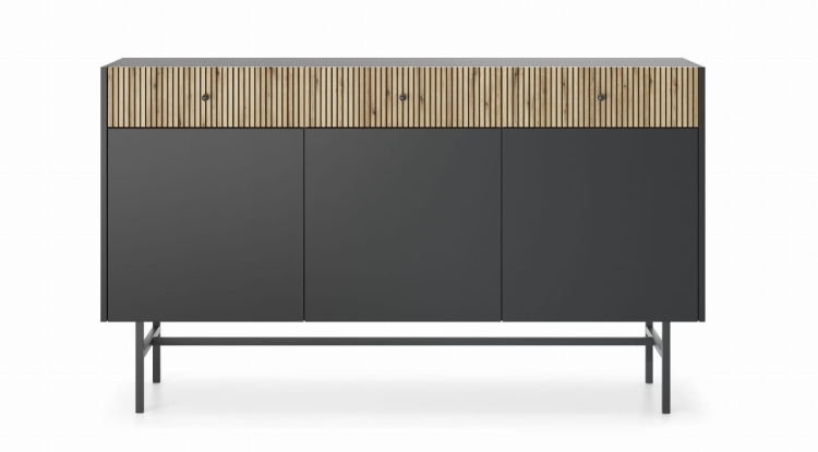 Czarna trzydrzwiowa komoda z drewnianymi lamelami AVORS