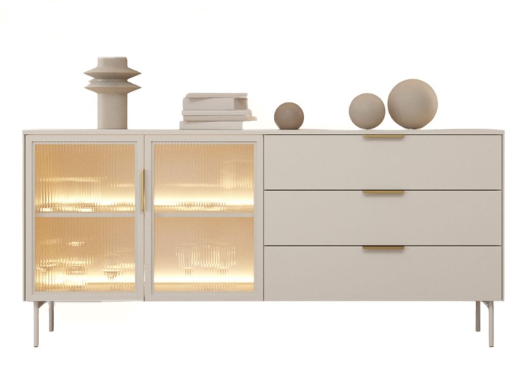 Ekskluzywna komoda 180 cm szeroka kaszmirowa z LED MOSSA