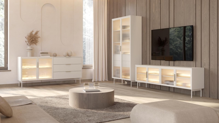 Ekskluzywna komoda 180 cm szeroka kaszmirowa z LED MOSSA