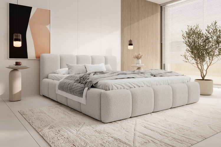 Designerskie łóżko tapicerowane tkanina baranek szare ASILLO