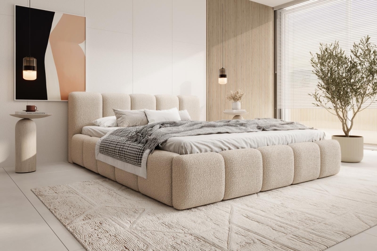 Beżowe łóżko typu chmurka z pojemnikiem na pościel ASILLO
