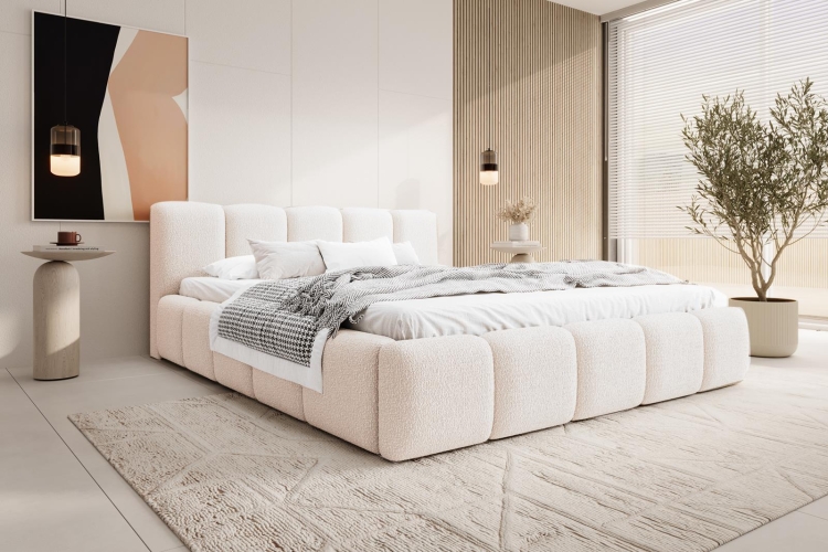 Łóżko tapicerowane bubble białe boucle z zagłówkiem ASILLO