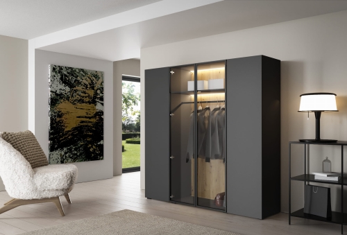 Designerska szafa uchylna czarna z drążkiem na ubrania LED STELLO