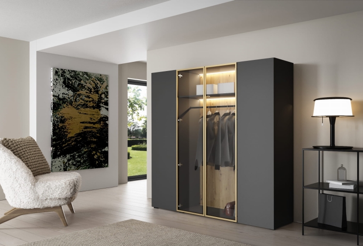 Czarna szafa ze złotą ramą czterodrzwiowa z oświetleniem LED STELLO