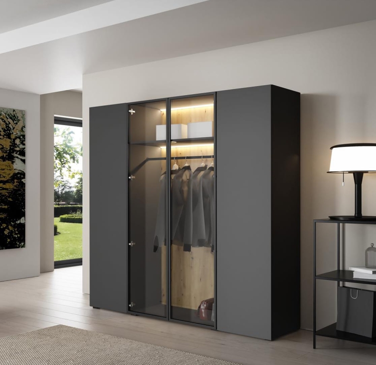 Grafitowa pojemna szafa czterodrzwiowa LED do przedpokoju STELLO