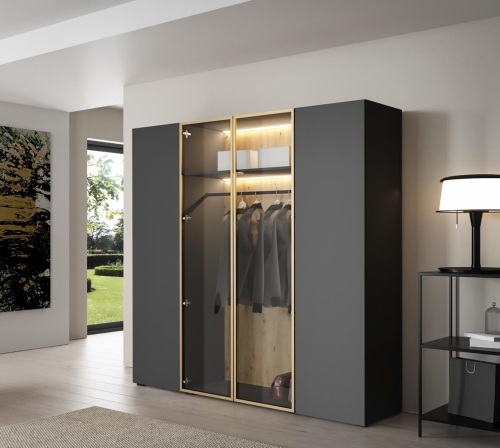 Duża szafa grafitowa ze złotą ramą LED z drążkiem na ubrania STELLO