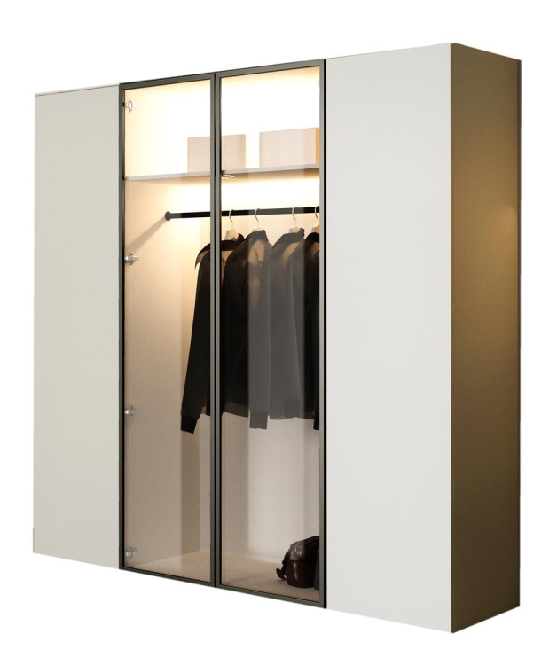 Kaszmirowa szafa czterodrzwiowa z LED i szklanym frontem STELLO