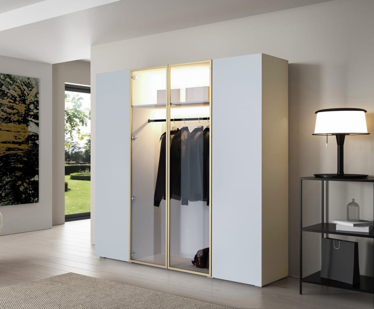 Szafa do przedpokoju biała ze złotą ramą uchylna LED STELLO