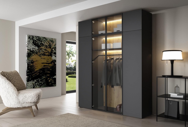 Designerska szafa czarna z nadstawką do przedpokoju LED STELLO