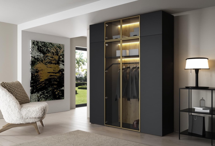 Uchylna szafa ze złotą ramą czarna z oświetleniem LED STELLO