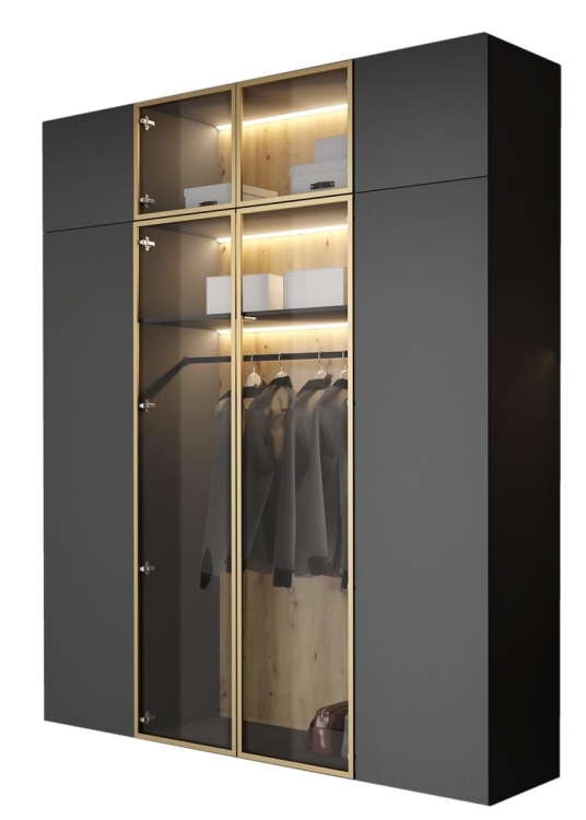 Grafitowa szafa z oświetleniem LED i nadstawką do sypialni STELLO