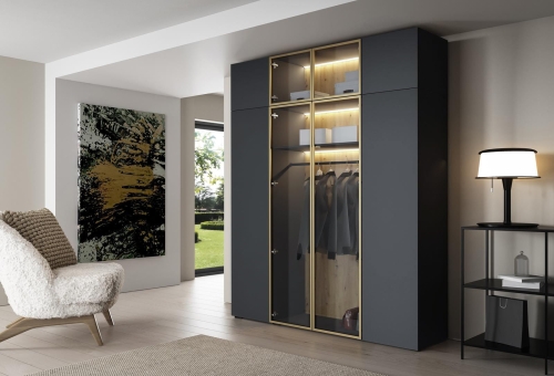 Grafitowa szafa z oświetleniem LED i nadstawką do sypialni STELLO