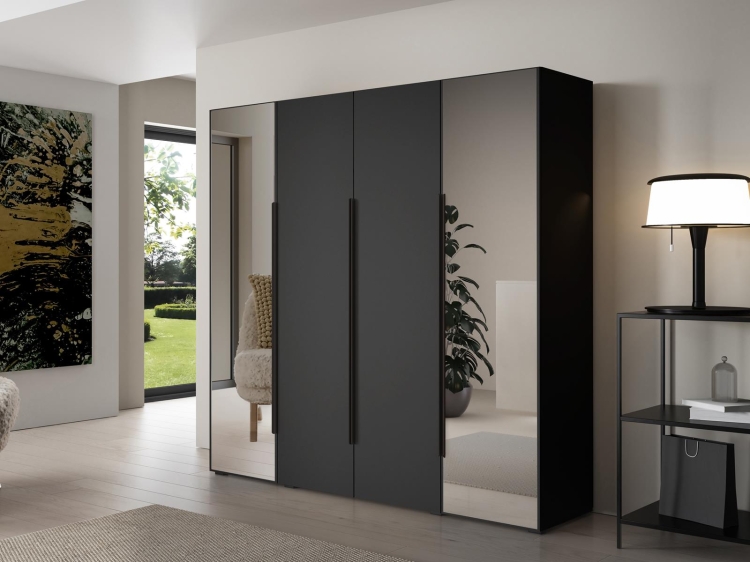 Czarna uchylna szafa z lustrem do przedpokoju 4-drzwiowa STELLO