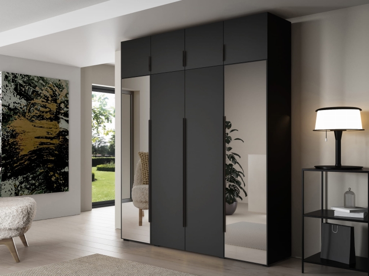 Czterodrzwiowa czarna szafa z lustrem do przedpokoju nadstawka STELLO