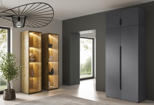 Grafitowa szafa dwudrzwiowa uchylna z nadstawką nowoczesna STELLO