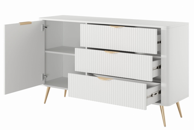 Mała biała komoda do salonu z ryflowanym frontem BELLO