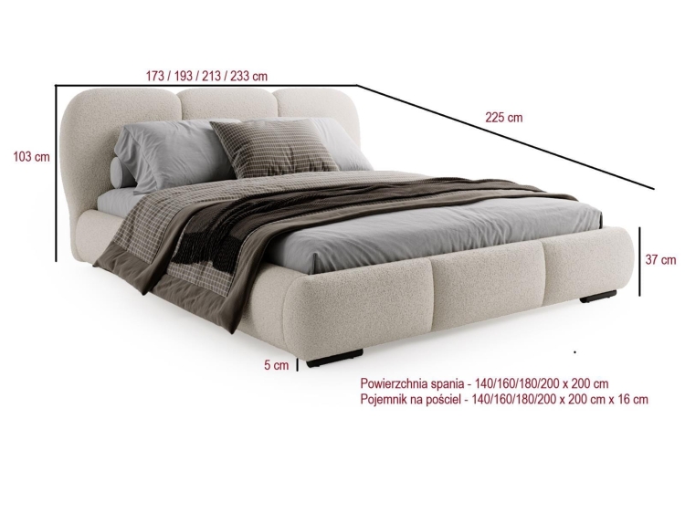 Designerskie łóżko o zaokrąglonym kształcie miedziana tkanina boucle COSE