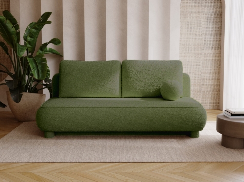 Oliwkowa sofa o zaokrąglonym kształcie tkanina boucle COMFY