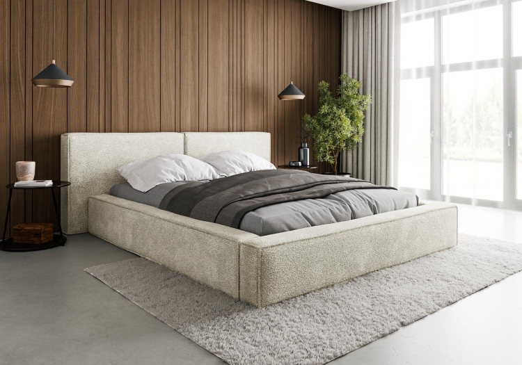 Łóżko tapicerowane tkanina baranek w jasnym odcieniu beżu HEVE