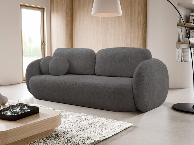 Grafitowa zaokrąglona sofa z funkcją spania tkanina baranek OLIS