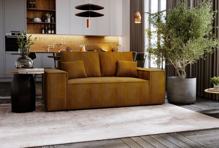 Mała sofa do salonu rozkładana MALO POMARAŃCZOWY