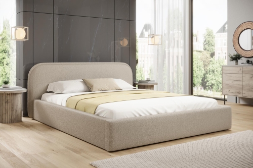 Beżowe minimalistyczne łóżko z pojemnikiem na pościel RONDIS