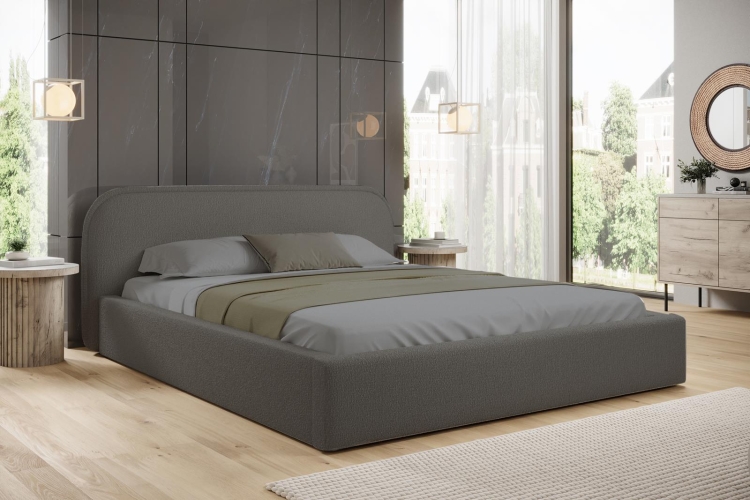 Stylowe grafitowe łóżko tapicerowane tkanina boucle RONDIS