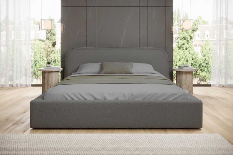 Stylowe grafitowe łóżko tapicerowane tkanina boucle RONDIS