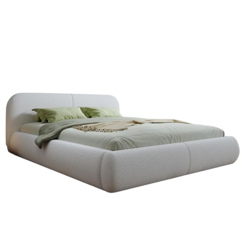 Eleganckie łóżko tapicerowane w białej tkaninie boucle ALBA