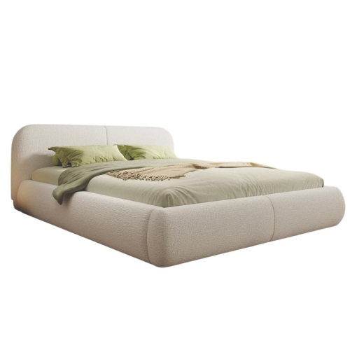 Stylowe łóżko tapicerowane w jasnym odcieniu beżu zaokrąglone ALBA