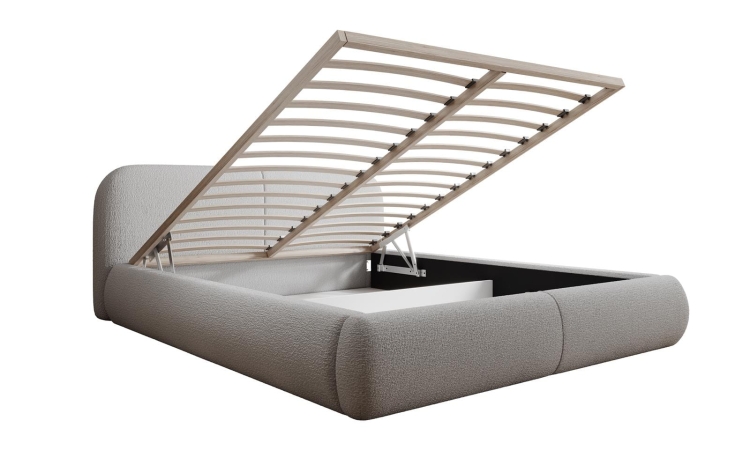 Beżowe zaokrąglone łóżko w minimalistycznym stylu boucle ALBA