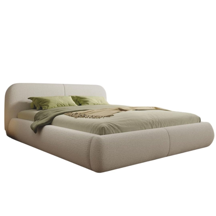 Beżowe zaokrąglone łóżko w minimalistycznym stylu boucle ALBA
