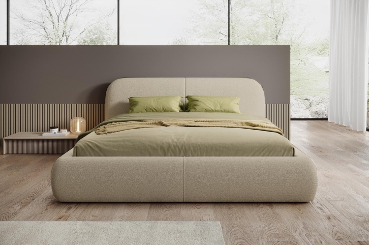 Beżowe zaokrąglone łóżko w minimalistycznym stylu boucle ALBA