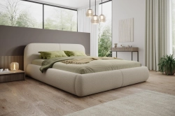 Beżowe zaokrąglone łóżko w minimalistycznym stylu boucle ALBA