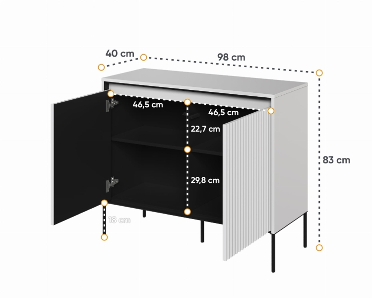 Modna mała ryflowana komoda w szarym kolorze do salonu FLORES