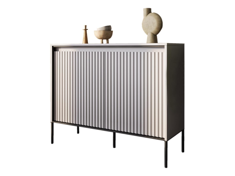 Modna mała ryflowana komoda w szarym kolorze do salonu FLORES