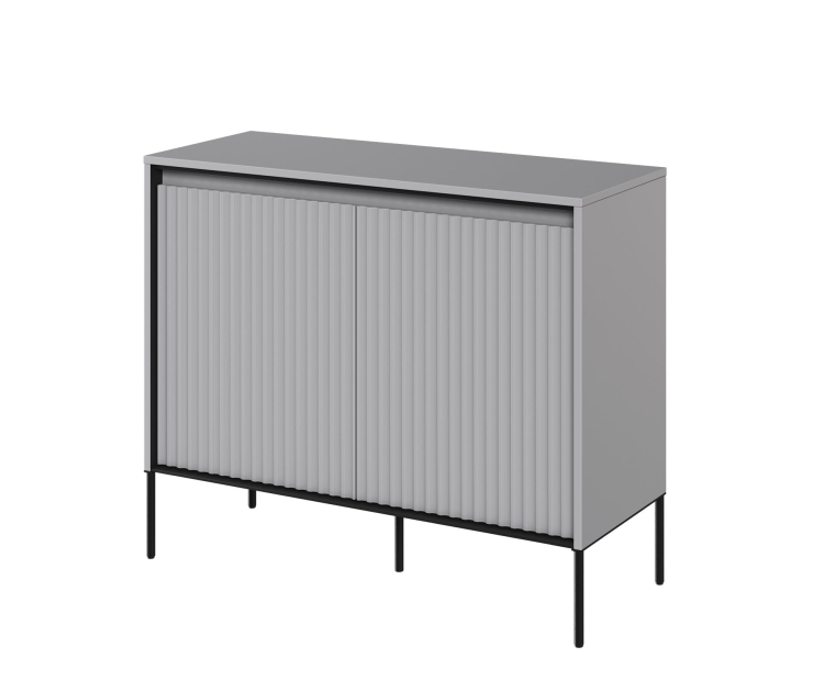 Modna mała ryflowana komoda w szarym kolorze do salonu FLORES