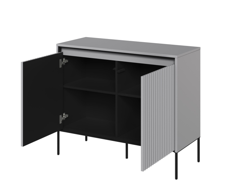 Modna mała ryflowana komoda w szarym kolorze do salonu FLORES