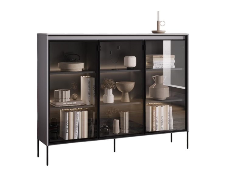 Szara nowoczesna witryna 150 cm do salonu ze szkłem FLORES