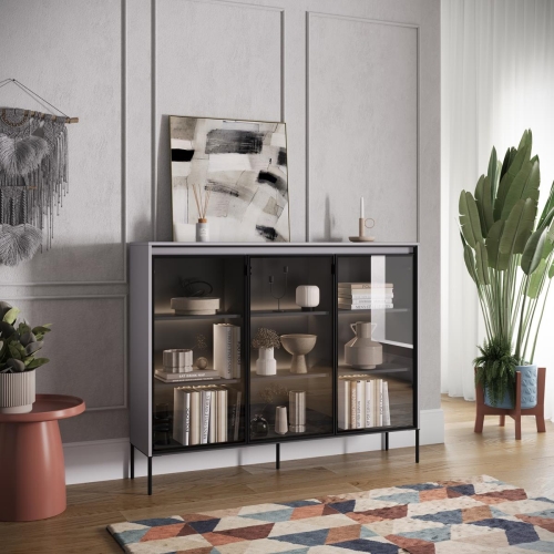 Szara nowoczesna witryna 150 cm do salonu ze szkłem FLORES